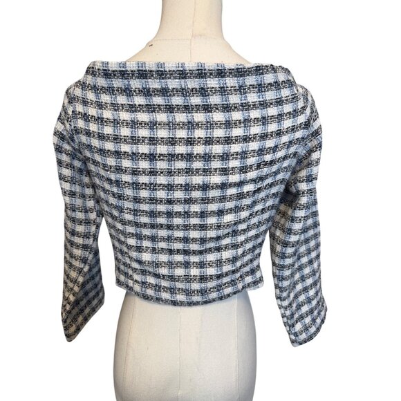 2/$30 ZARA Womens M Plaid Tweed Cropped Jacket Navy Blue/White - Picture 3 of 14